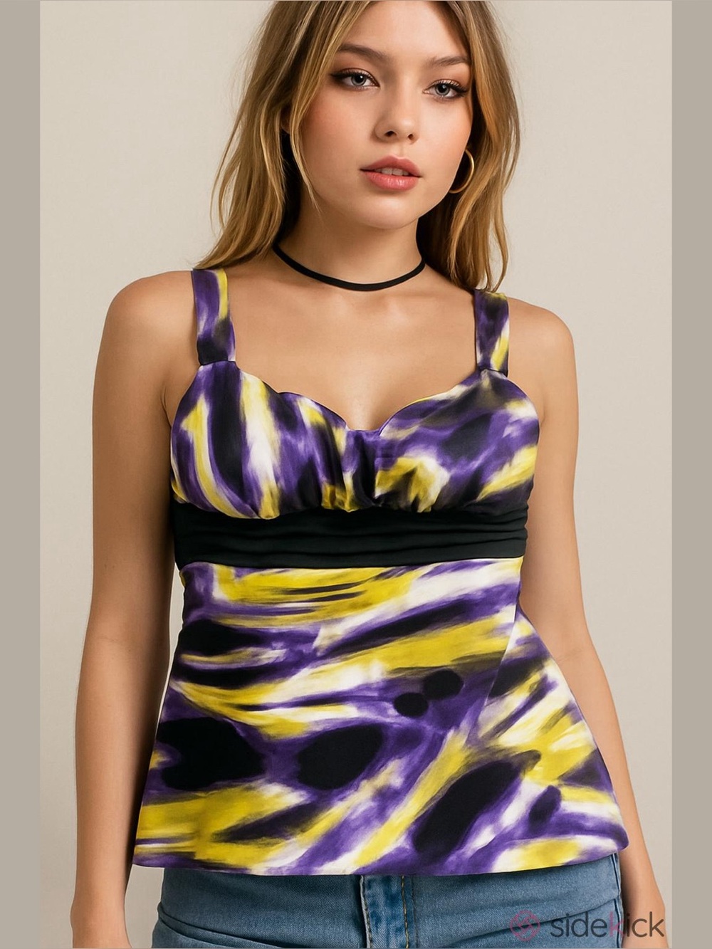 VTG IZ Byer California Purple & Yellow Satin Abstract Tank Size L Babydoll Y2K